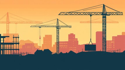 Urban Construction Scene with Cranes at Sunset