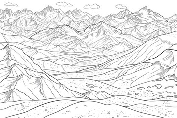 Fototapeta premium Coloring book illustration of snow covered mountains and scenic landscape from an elevated perspective