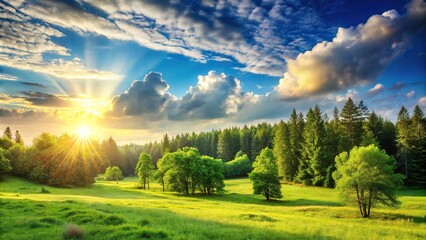 Beautiful landscape with trees, forest, meadow, sky with clouds and sun, promoting healthy nature and nature conservation