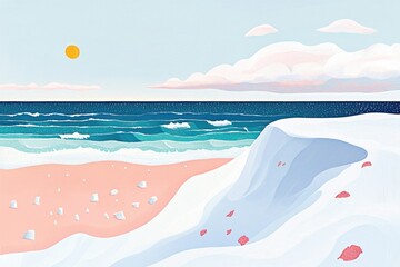 Illustration of a serene winter beach scene with snow covered sand and a cloudy sky