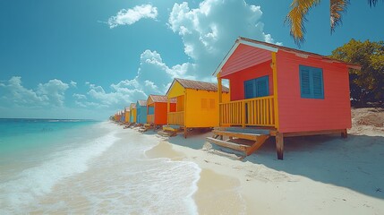 Obraz premium A row of colorful beach huts on a white sand beach with turquoise water and blue sky.