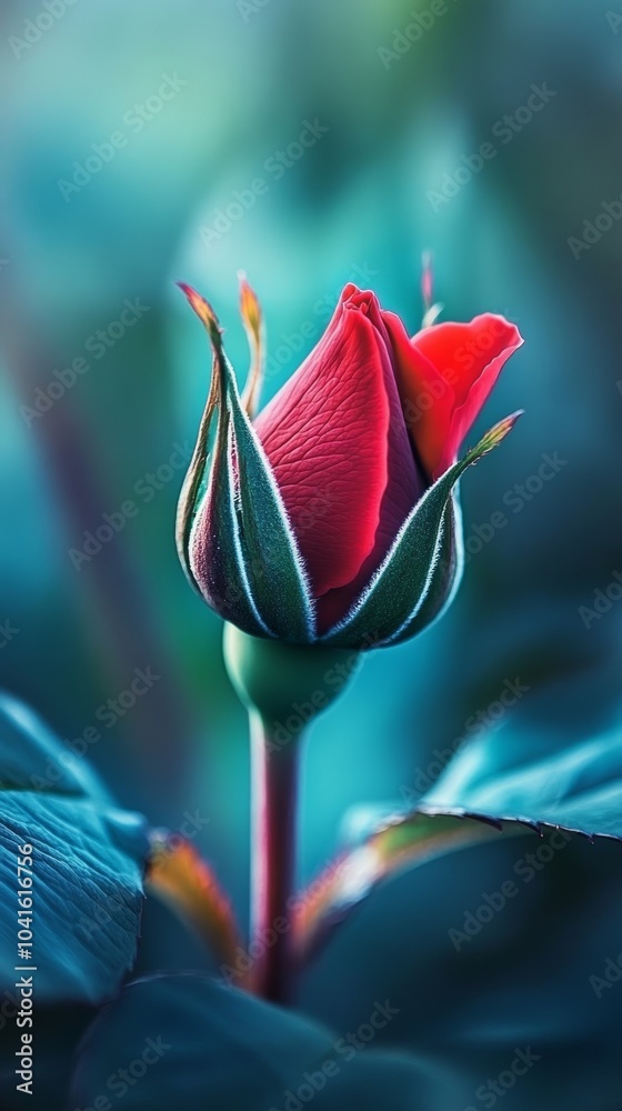 Poster Red rose bud gracefully opens in magical blue light, revealing vibrant colors of nature. Perfect for springtime romance with elegance and beauty