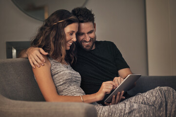 Embrace, smile and couple with tablet, night and bonding with virtual tour, learning and history in...