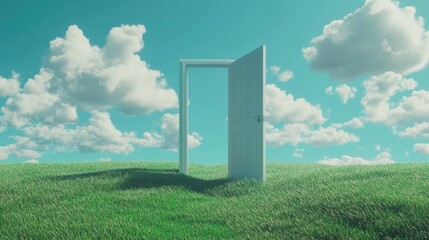 Open door with fluffy clouds in a summer landscape featuring lush green grass Surreal abstract illustration Creative fantasy art with a modern minimalist design 3D rendering