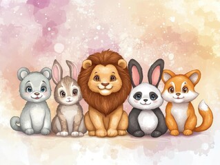 Obraz premium Illustration of adorable cartoon animals suitable for baby cards and invitations Features a lion dog bunny bear panda tiger cat and fox in a vector style
