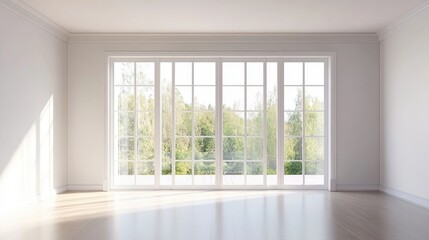 Fototapeta premium Empty living room with sliding glass doors and a floor on the right depicted in a 3D rendering