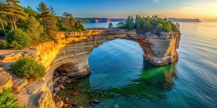 Beautiful sunrise over Lake Superior with a tilted angle view of Grand Portal Point at Pictured Rocks