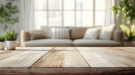 3D rendering of a table top with a blurred sofa in a home interior setting