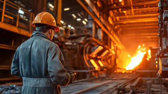 Industrial worker in a foundry handling molten metal with protective gear and heat-resistant gloves.