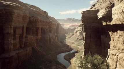 Majestic Wild West Canyon - Dramatic Cliff Walls, Winding River, and Cinematic Sunlight