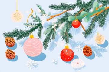 Christmas decoration scene with spruce branches pine cones and snowflakes