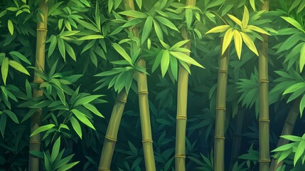 Fototapeta premium Lush green bamboo forest with vibrant leaves creating a serene atmosphere, ideal for nature lovers and tranquil settings.
