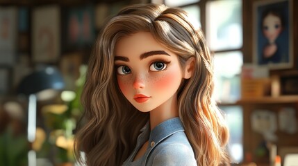 3D Cartoon Portrait of a Young and Beautiful Girl in a Studio