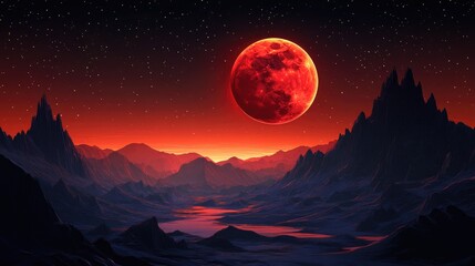 3D cartoon illustration of a landscape featuring a red moon