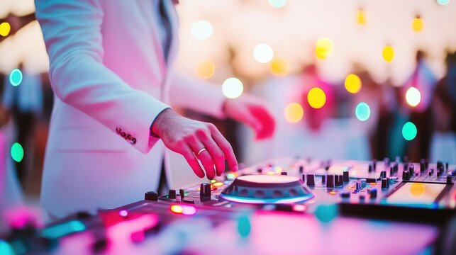 DJ mixing music under colorful lights at an outdoor wedding reception, energetic dance floor with a vibrant wedding vibe