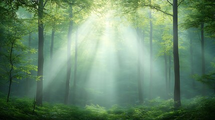 Fototapeta premium Serene sunlight filtering through lush green forest trees creating a tranquil natural environment