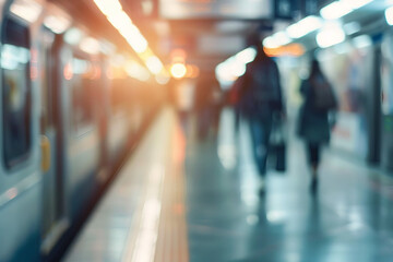 Futuristic modern public transport station with crowd of people, Generative AI image