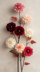 Colorful dahlia bouquet in a vase against a beige wall, vibrant and elegant, with pink, red, and white blossoms and lush leaves, creating a romantic and sophisticated feel