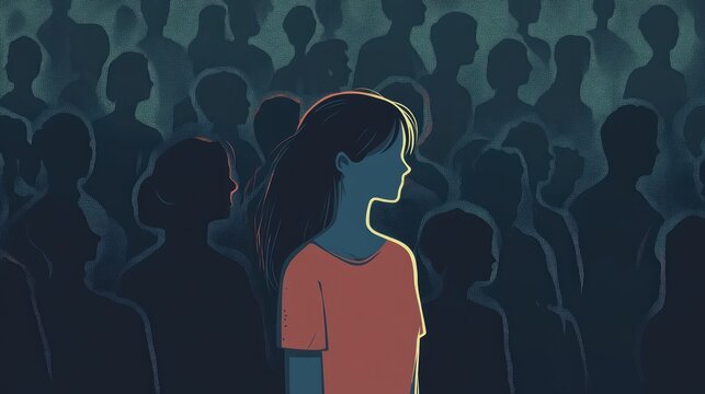 Sad woman experiences loneliness in a crowd depicted in a flat design A unique portrayal of isolation amidst others