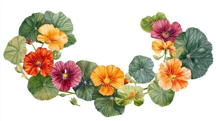 Colorful watercolor wreath featuring nasturtium flowers and leaves on a white background