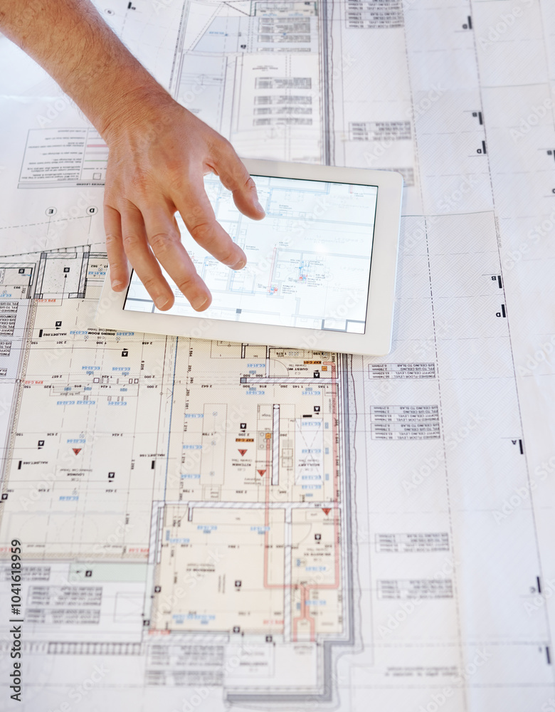 Poster Architect, hands or tablet with blueprint design for industrial architecture or building development. Engineer, person or digital floor plan for project layout, construction review or home renovation