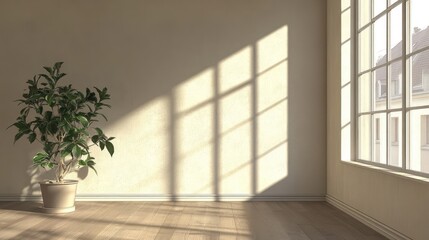 3D rendering of a modern contemporary loft interior featuring an empty room with beige toned walls parquet flooring a plant and a window