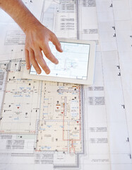 Architect, hands or tablet with blueprint design for industrial architecture or building...
