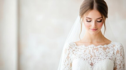 Fototapeta premium Close-up portrait of the bride in a lace gown, soft-focus background, elegant and detailed wedding dress shot, perfect for bridal beauty