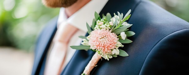 Close-up of groom s suit with a boutonniere of fresh flowers, sophisticated and detailed shot, capturing the elegance of the wedding attire
