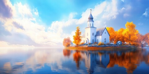 Obraz premium Charming church surrounded by vibrant yellow autumn leaves reflecting a serene lake view, Charming church with autumn leaves and serene lake reflection