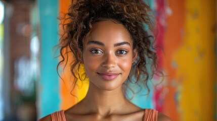 Naklejka premium A young woman with curly hair smiles warmly in front of a vibrant, multicolored backdrop during daytime. Generative AI