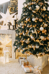 Christmas balls in close-up on the Christmas tree. Decorations for Christmas trees. The concept of celebrating New Year and Christmas