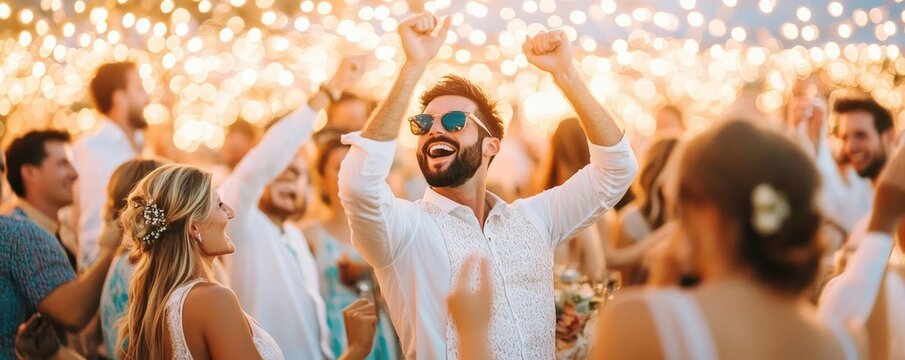 Guests dancing to a custom wedding playlist under string lights, lively and fun wedding reception, personalized music experience