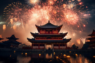 Fototapeta premium Generative AI picture concept of chinese asian new year, traditional decorations customs food carnival