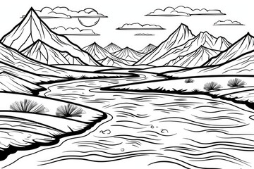 Fototapeta premium Coloring book illustration of a serene river flowing through mountains