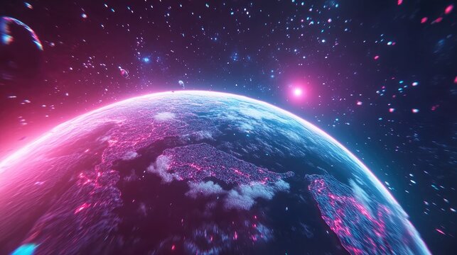 Abstract flight in space hyper jump illustration with Earth in 3D cartoon rendering