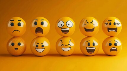 Design a collection of yellow emoji faces in vector graphics, showcasing diverse expressions like joy, frustration, excitement, and confusion. This set is ideal for enhancing digital designs and socia