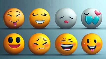 Fototapeta premium Design a collection of yellow emoji faces in vector graphics, showcasing diverse expressions like joy, frustration, excitement, and confusion. This set is ideal for enhancing digital designs and socia