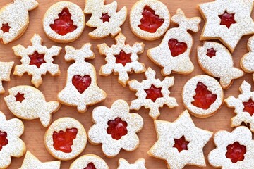 Various shapes of Linzer cookies close up. Christmas baking