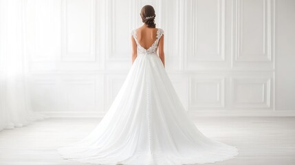 Fototapeta premium Bridal gown with a long train flowing elegantly down the aisle, delicate lace and intricate details creating a timeless look
