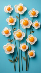Creative food photography showing a group of fried eggs with runny yolk resembling a bouquet of flowers on blue background