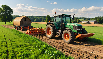 Fototapeta premium Tracteur labourant un champ verdoyant
