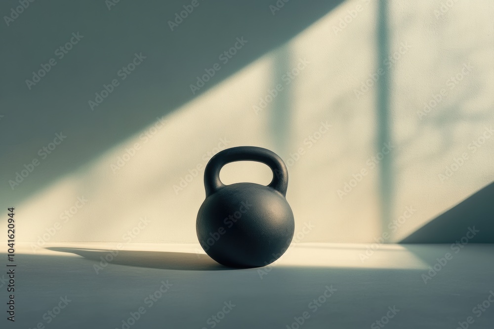 Poster the kettlebell sits alone on the mat, illuminated by sunlight, emphasizing its design and inviting w