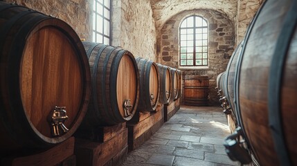 Wine barrels in a rustic cellar with stone walls, creating an inviting atmosphere for vintage storage and aging.