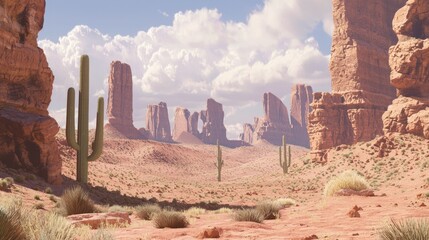 Wild West Panorama: Majestic Desert Landscape with Rock Formations, Cacti, and Vibrant Sky, Bathed in Cinematic Light