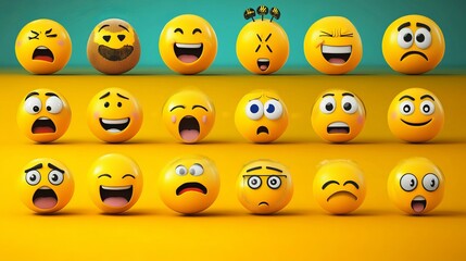 Obraz premium Create a vibrant set of yellow emoji faces in a playful vector graphic style, featuring exaggerated expressions of laughter, shock, and love. This collection is perfect for digital designs and social 
