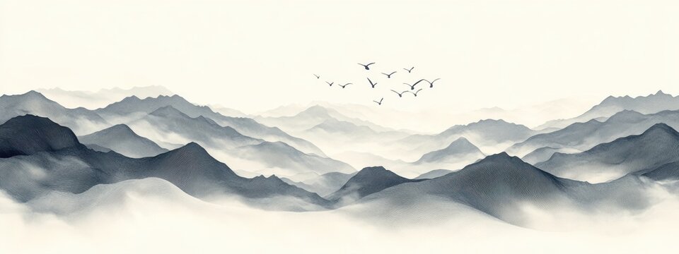 Birds flying over mountains in traditional japanese ink wash painting style