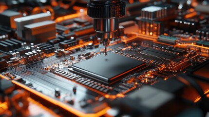Advanced Microchip on Circuit Board in Automated Electronics Assembly Line Production of Electronic Devices in Modern Manufacturing Facility