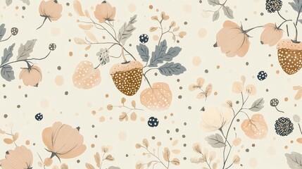 Charming design featuring acorns flowers berries and dots on a soft pastel background suitable for wrapping paper textiles greeting cards and party invitations