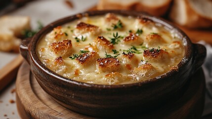 A close-up of a bowl of French onion soup with toasted croutons and melted cheese.
